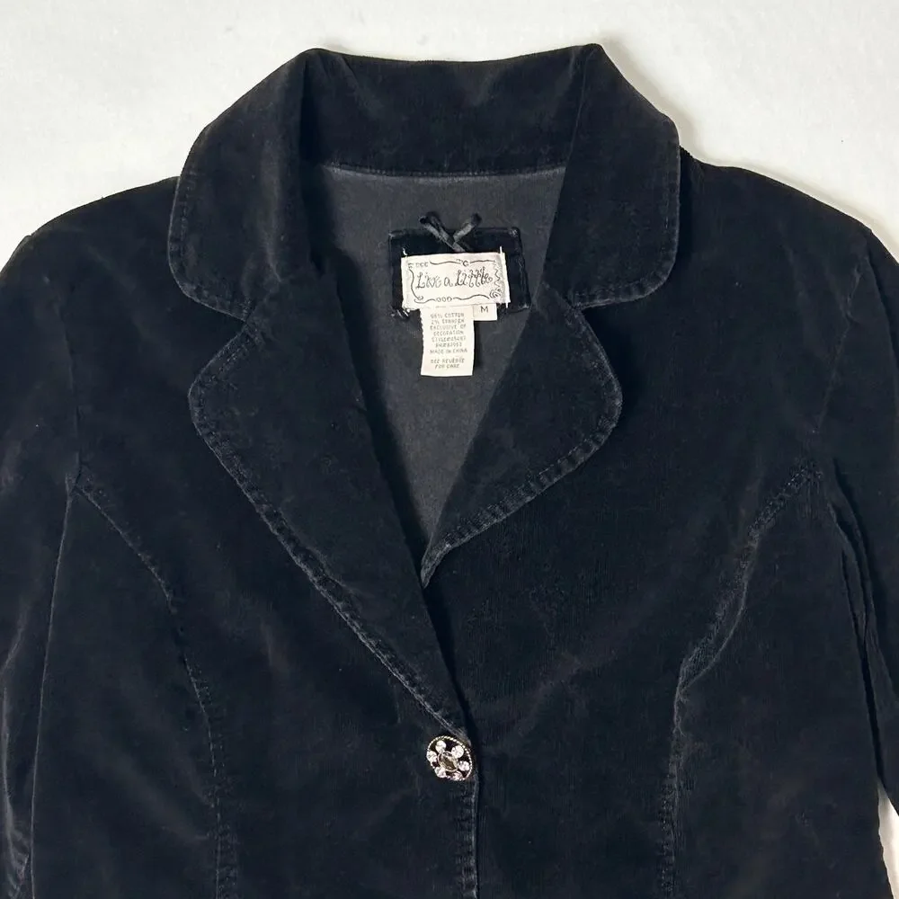 Vintage Y2K Velvet Blazer Women's Cropped WhimsiGoth Office Black Jacket Size M - Picture 2 of 9
